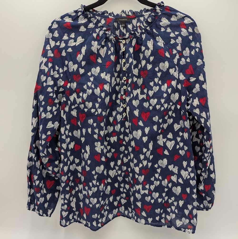 Talbots Heart Print Ruffle Neck Cotton Blouse Large Blue Workwear Lightweight